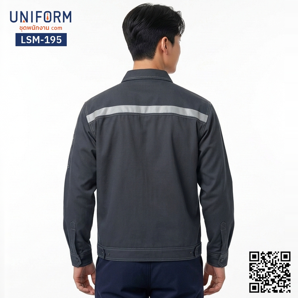 LSM-195 เสื้อช็อปช่างแขนยาวสีเทาเข้มเดินตะเข็บขาว