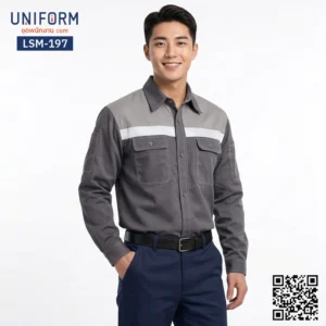 LSM-197 เสื้อช็อปช่างแขนยาว ทูโทน สีเทาเข้มตัดเทาอ่อน ยูนิฟอร์มบริษัท