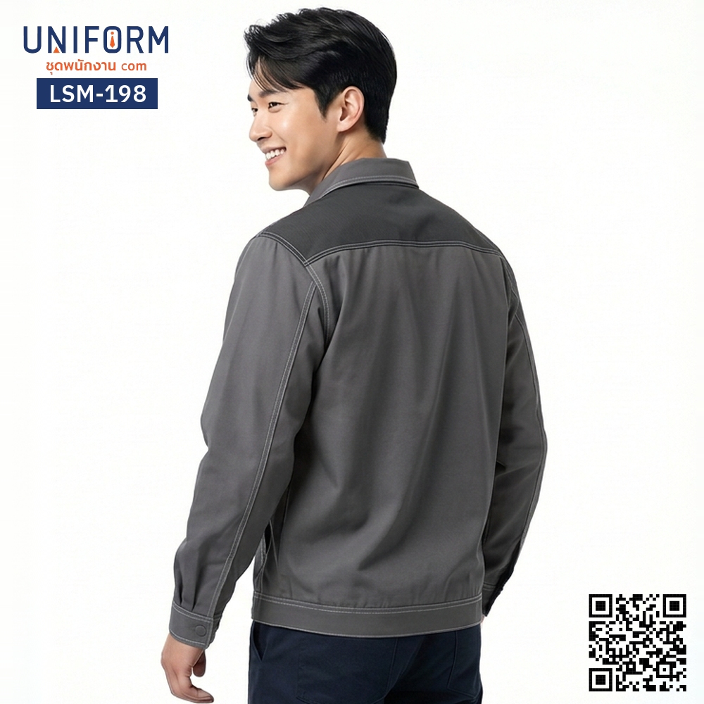 LSM-198 เสื้อช็อปช่างแขนยาว สีเทาทูโทนดีไซน์เท่
