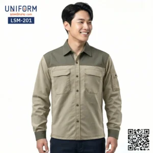 LSM-201 เสื้อช็อปช่างแขนยาว ทูโทนสีเขียวขี้ม้าและกากี สไตล์พรีเมียม