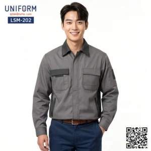 LSM-202 เสื้อช็อปช่างแขนยาว สีเทาทูโทนปกดำ