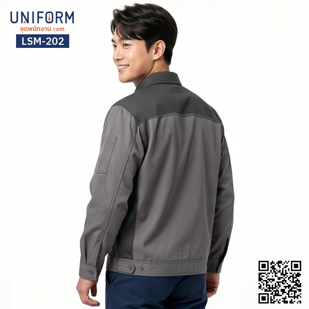 LSM-202 เสื้อช็อปช่างแขนยาว สีเทาทูโทนปกดำ