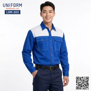 LSM-203 เสื้อช็อปช่างแขนยาว ทูโทน สีน้ำเงินสลับขาว