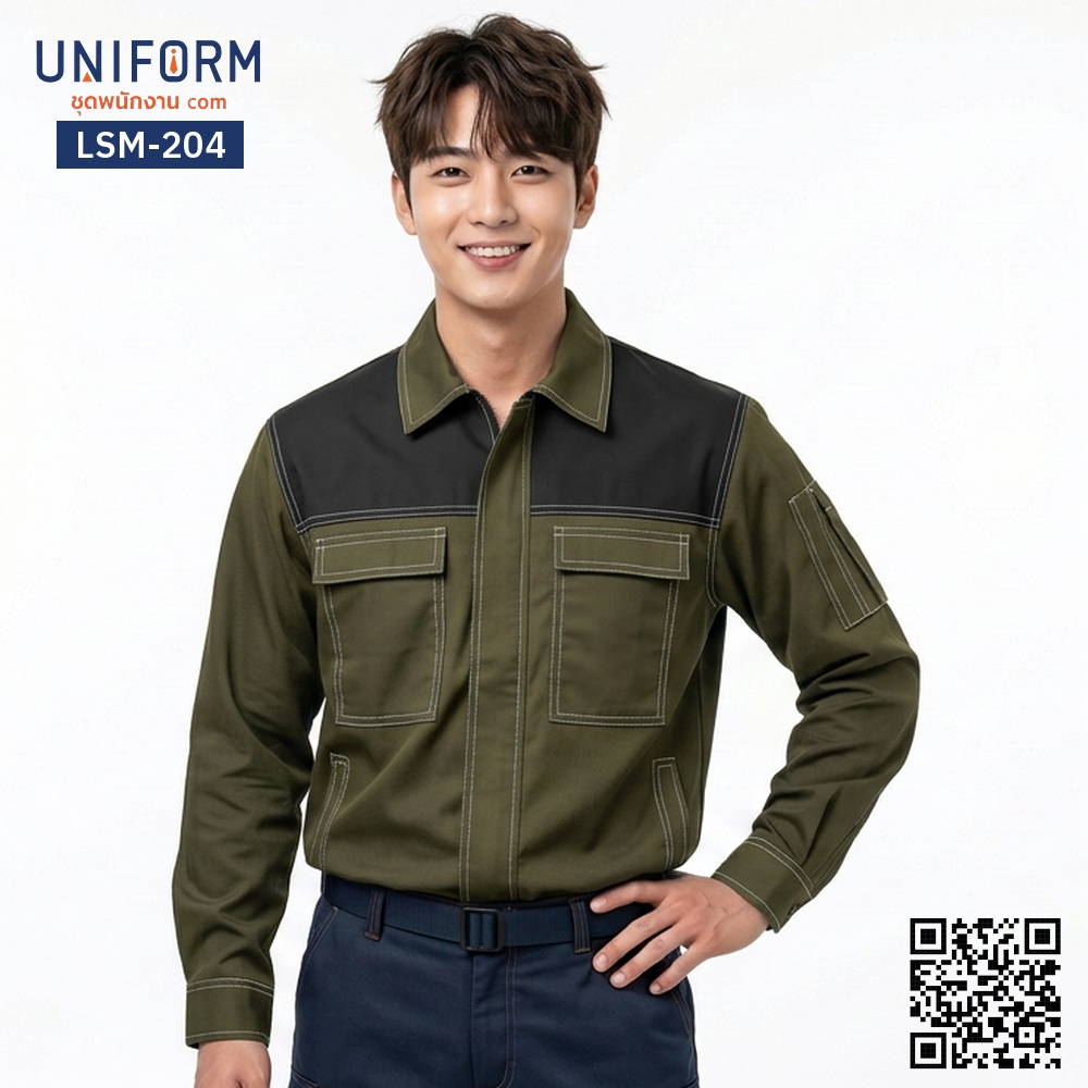 LSM-204 Long-Sleeve Mechanic Shirt, Two-Tone Olive Green and Black, Rugged Workwear Design
