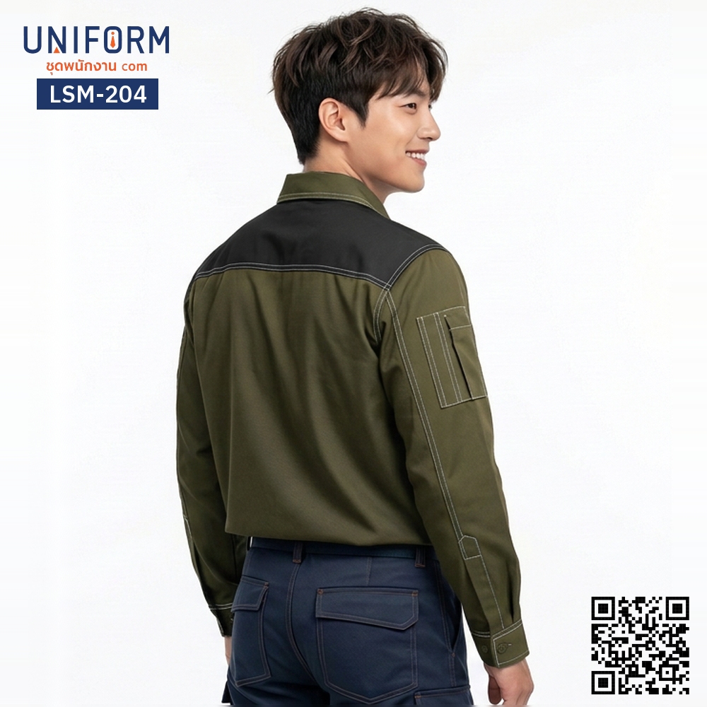 LSM-204 Long-Sleeve Mechanic Shirt, Two-Tone Olive Green and Black, Rugged Workwear Design