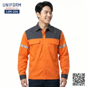 LSM-206 เสื้อช็อปช่างแขนยาว ทูโทน ส้มเทา ปักโลโก้บริษัท