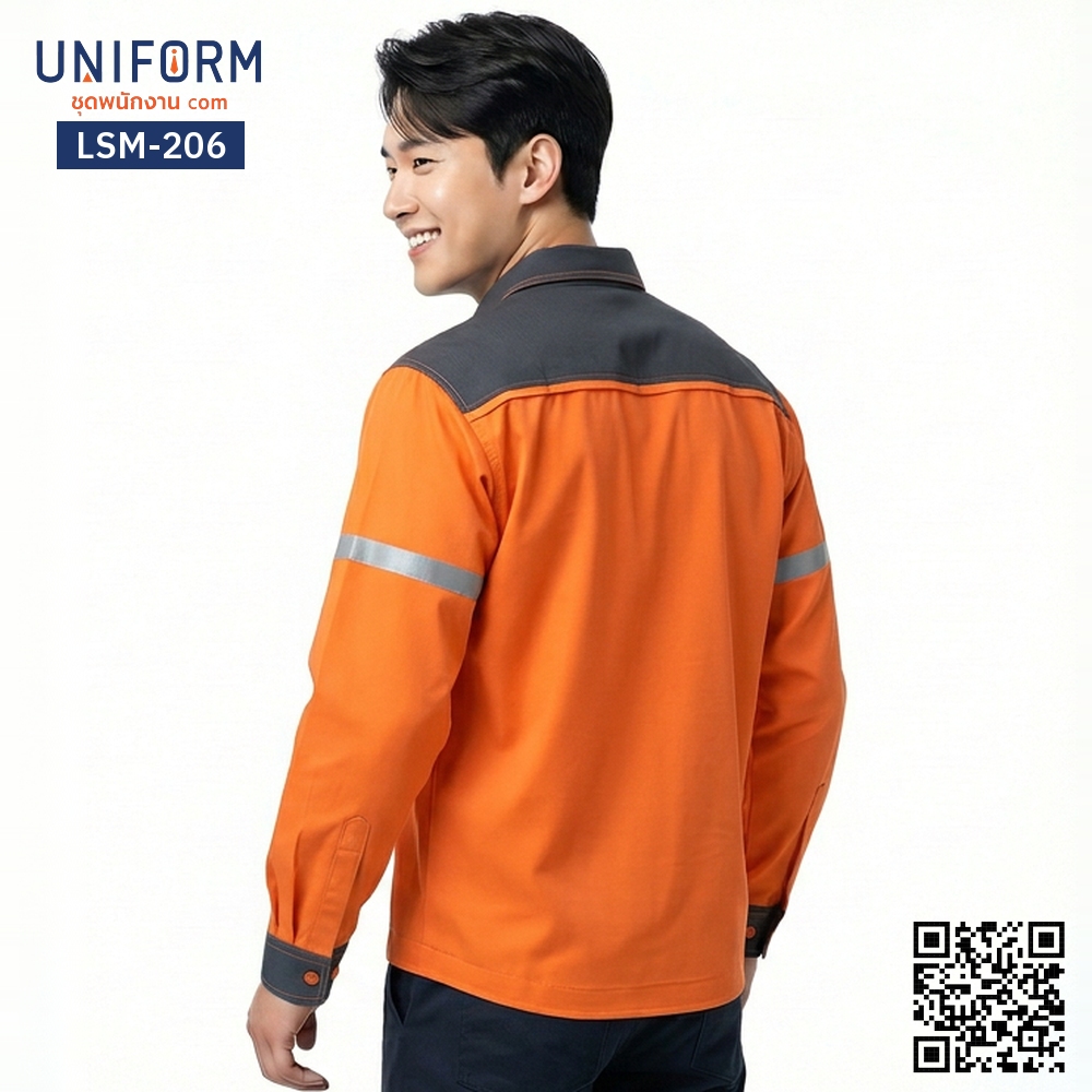LSM-206 เสื้อช็อปช่างแขนยาว ทูโทน ส้มเทา ปั⁠ก⁠โ⁠ล⁠โ⁠ก้บริษัท