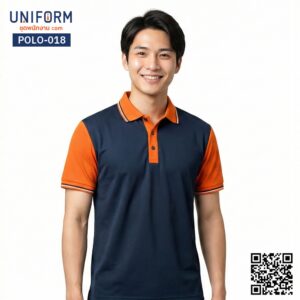 POLO-018 เสื้อโปโล สีกรมท่าส้ม ทูโทน แขนสั้น ปกเชิ้ต