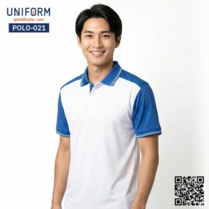 POLO-021 เสื้อโปโล แขนสั้น ทูโทน สีขาวและสีน้ำเงิน สำหรับยูนิฟอร์มบริษัท