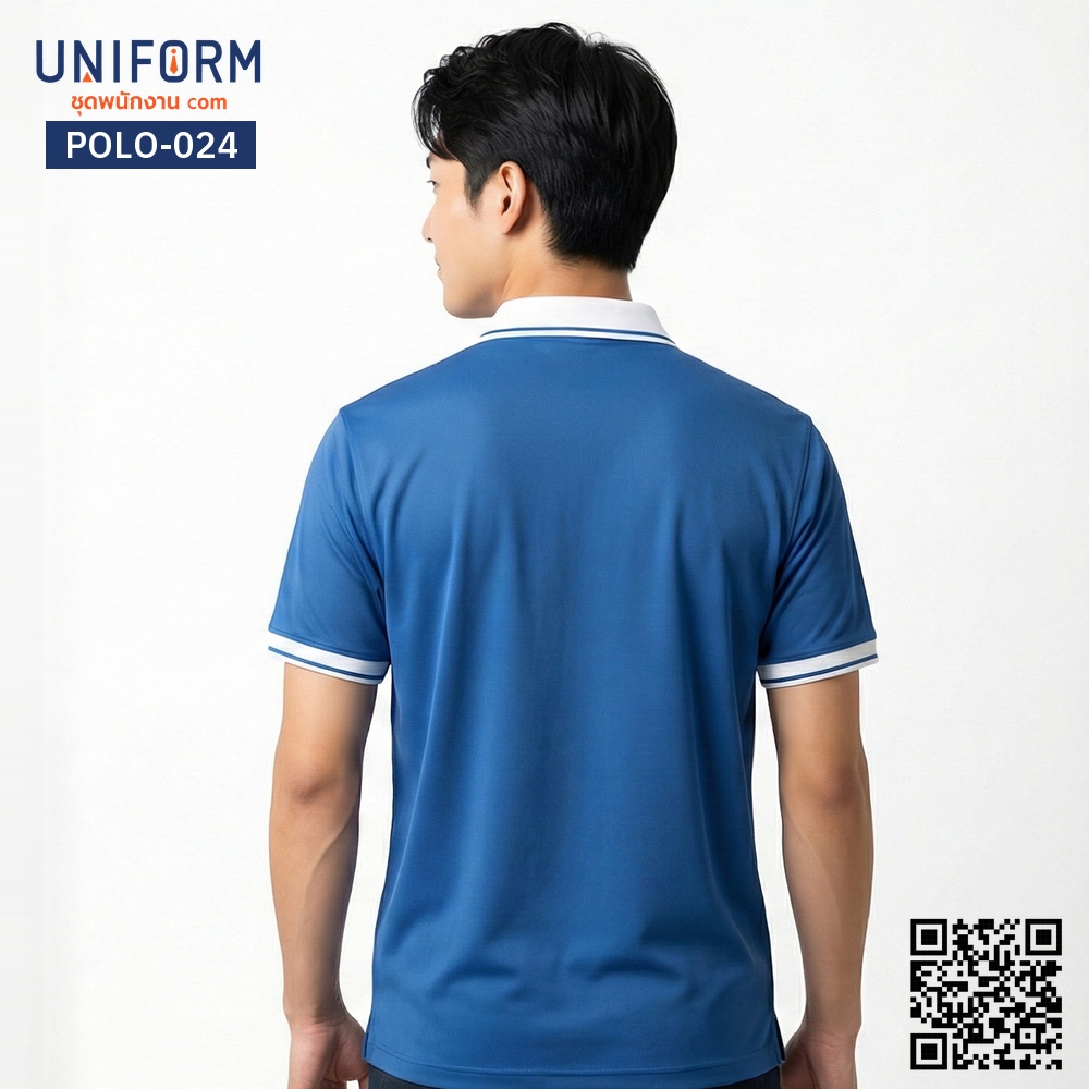 POLO-024 เสื้อโปโลแขนสั้นสีน้ำเงินปกขาวสำหรับพนักงาน