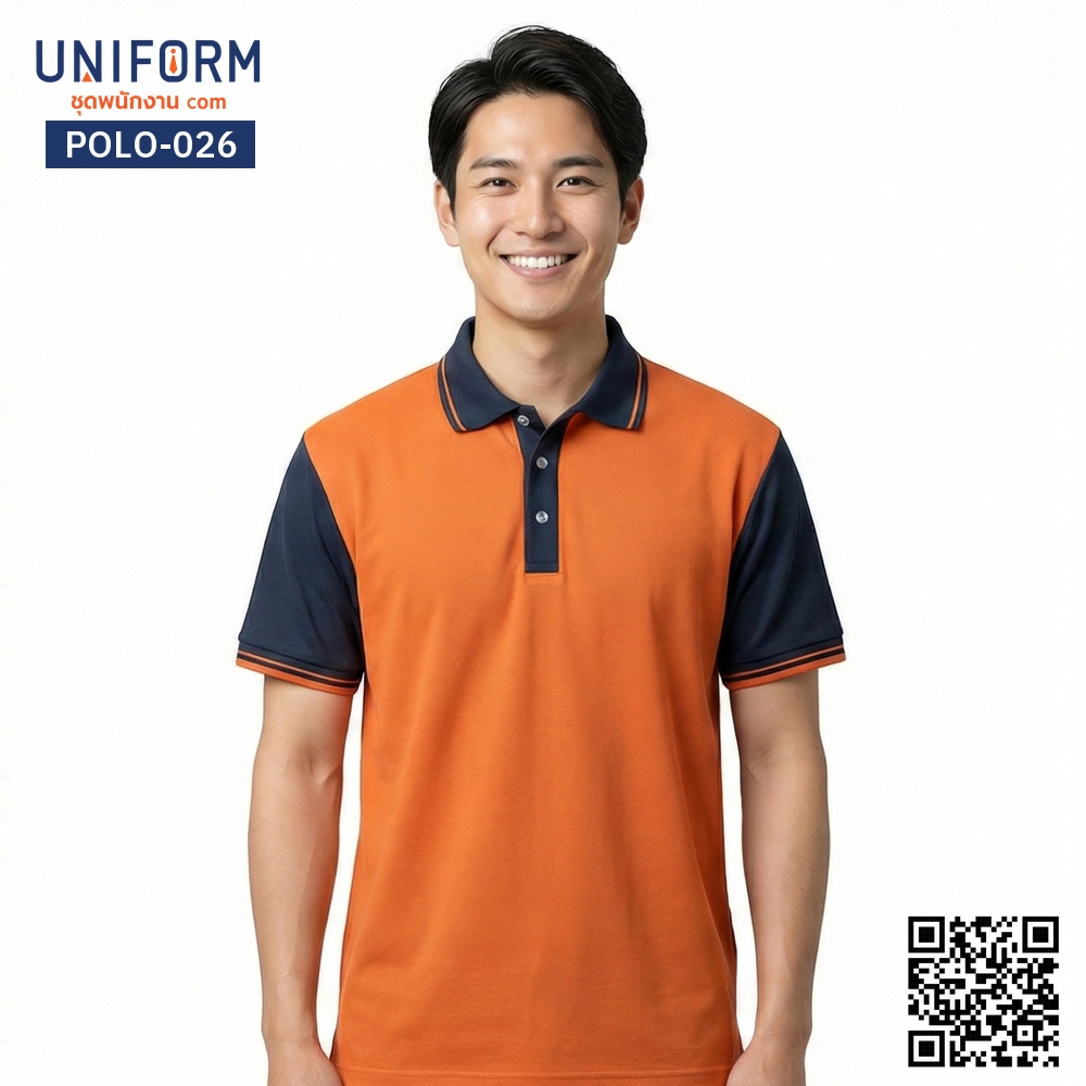 POLO-026 Short-Sleeve Two-Tone Polo Shirt in Orange and Navy