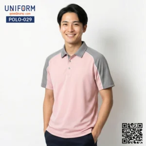 POLO-029 เสื้อโปโล แขนสั้น ทูโทน สีชมพูและเทา สำหรับใส่ทำงาน