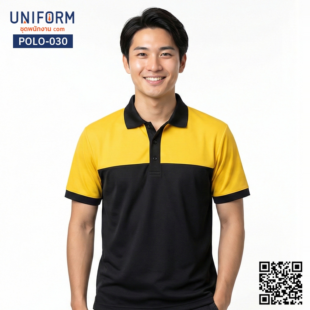 POLO-030 เสื้อโปโลทูโทนสีเหลืองดำแขนสั้นสำหรับชุดพนักงานบริษัท