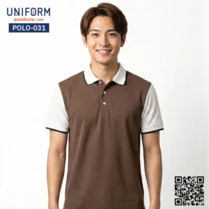 POLO-031 เสื้อโปโล สีน้ำตาลสลับขาว ทูโทนคอปก