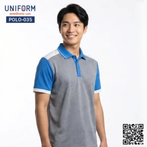 POLO-035 เสื้อโปโล แขนสั้น ทูโทน เทอคอยส์ เทา ขาว