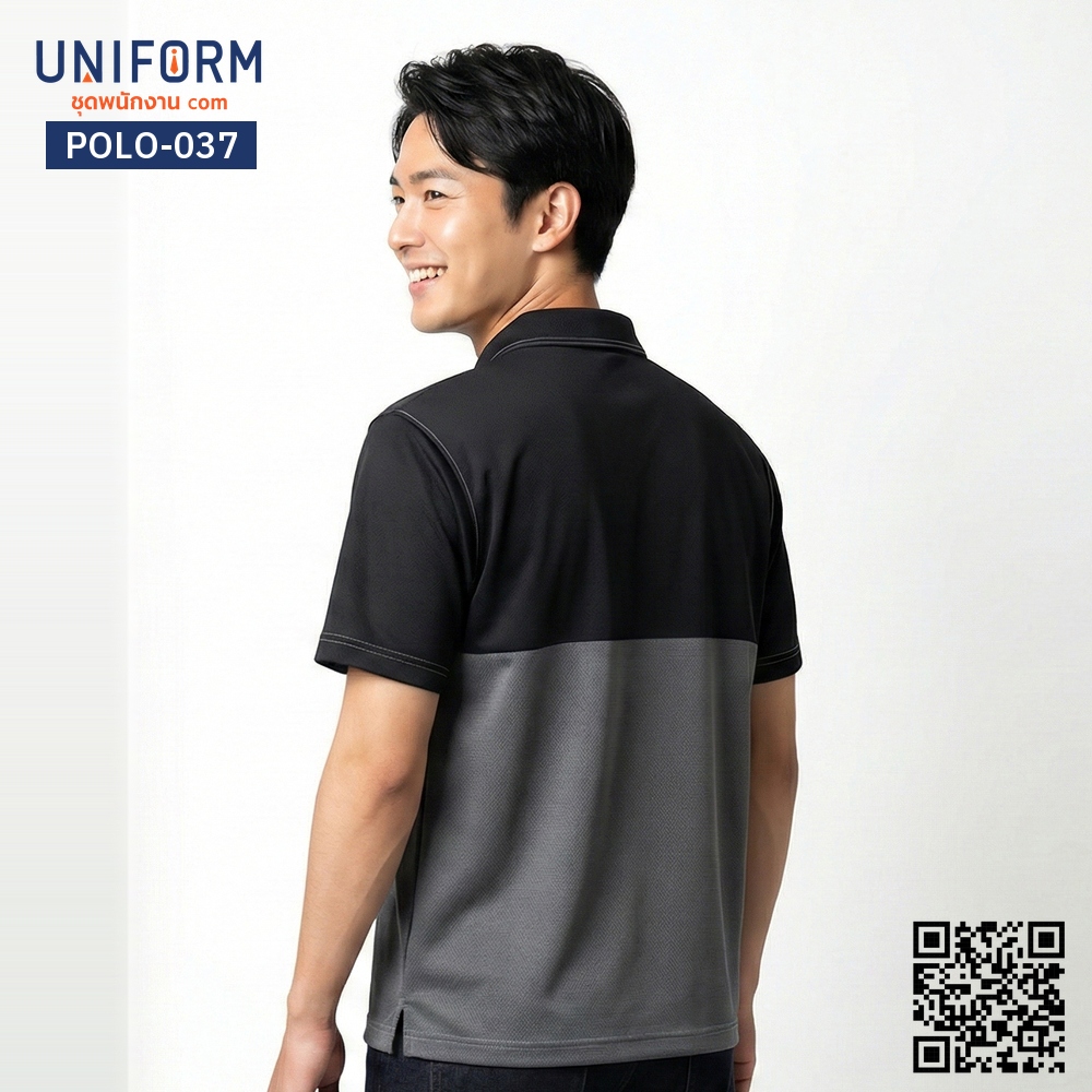POLO-037 เสื้อโปโลทูโทนสีดำเทาแขนสั้นสำหรับชุดพนักงานบริษัท