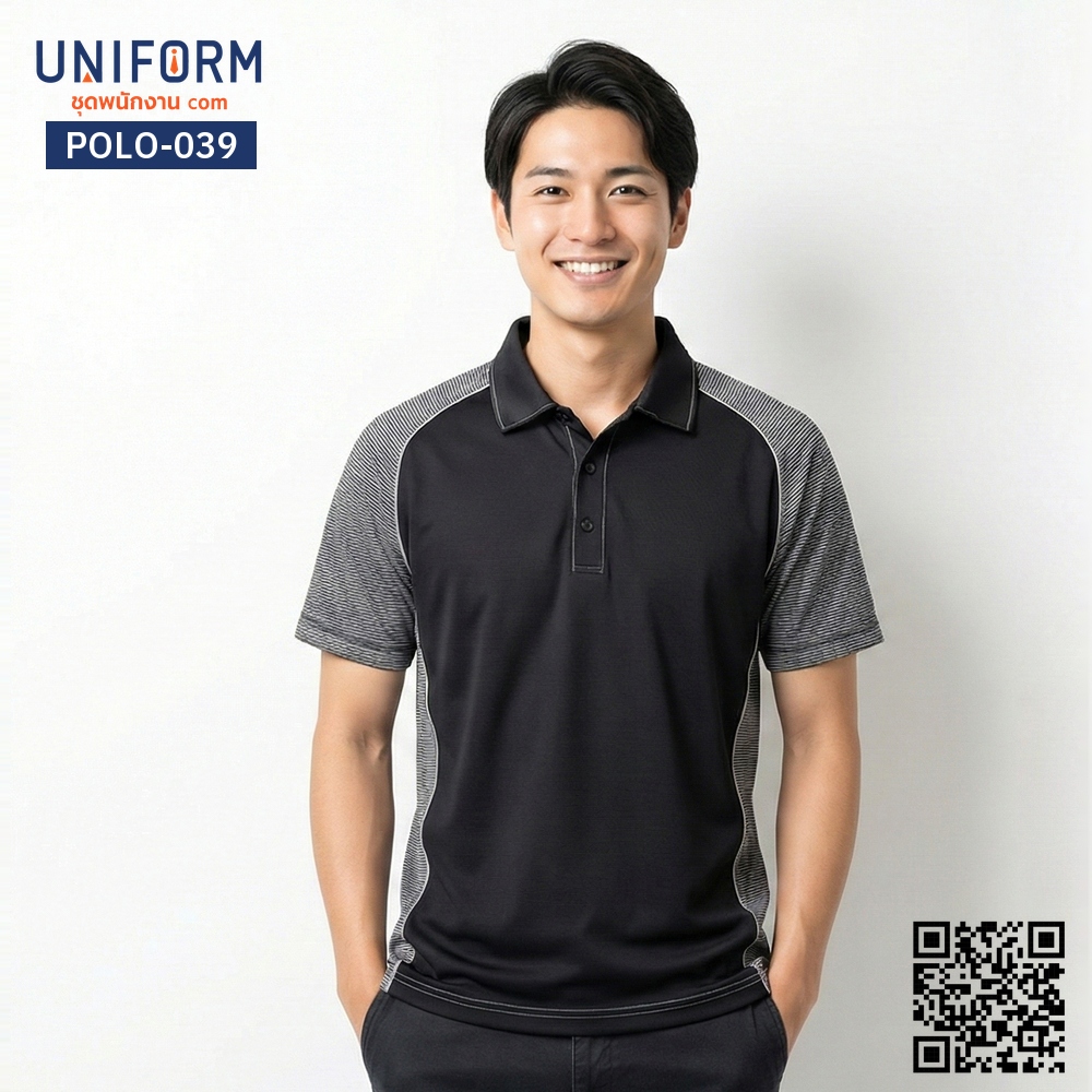 POLO-039 เสื้อโปโล แขนสั้น สีดำลายทาง