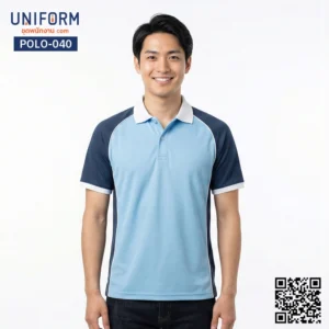 POLO-040 เสื้อโปโล แขนสั้น ทูโทน สีฟ้ากรมท่า คอปกสีขาว