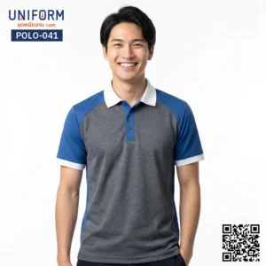 POLO-041 เสื้อโปโล แขนสั้น ลายเทาทูโทนน้ำเงินคอขาว