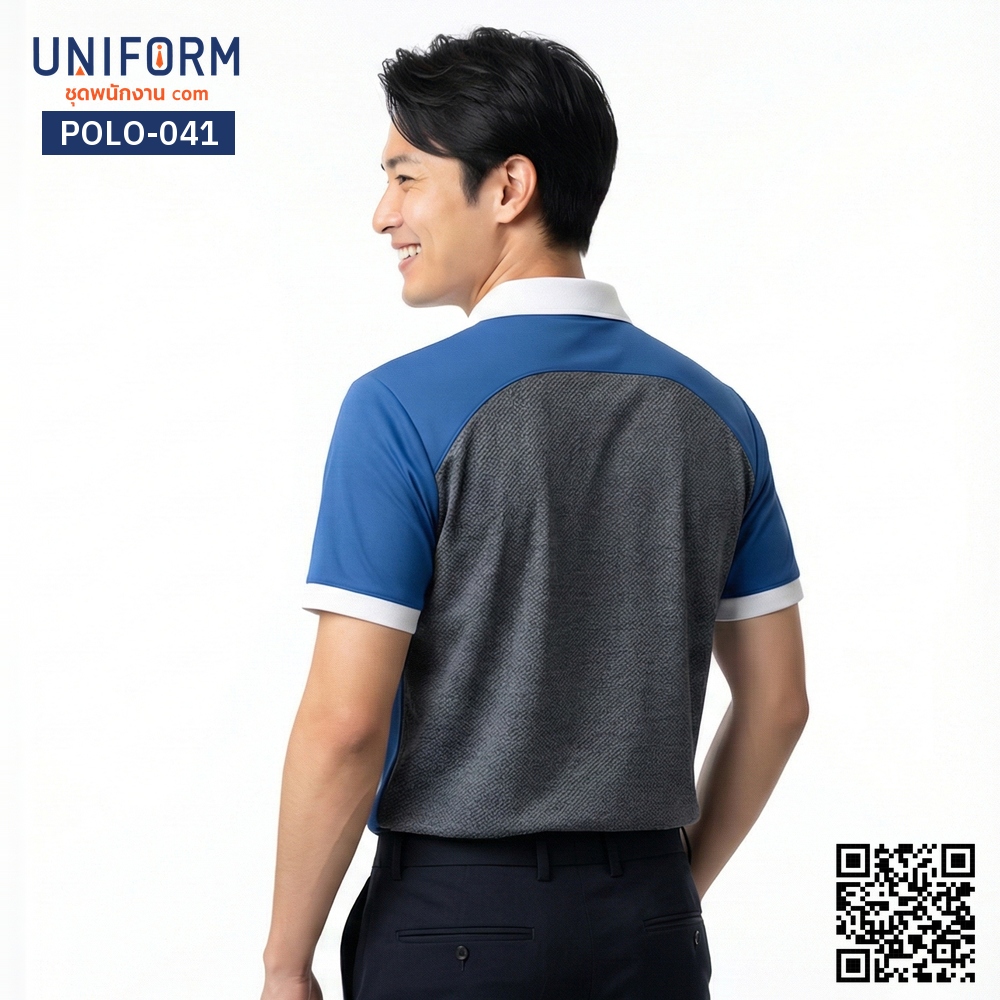 POLO-041 เสื้อโปโล แขนสั้น ลายเทาทูโทนน้ำเงินคอขาว