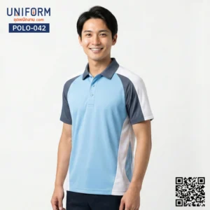 POLO-042 เสื้อโปโลแขนสั้นทูโทนสีฟ้าเทาขาว