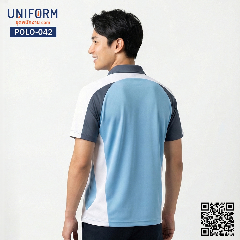 POLO-042 เสื้อโปโลแขนสั้นทูโทนสีฟ้าเทาขาว