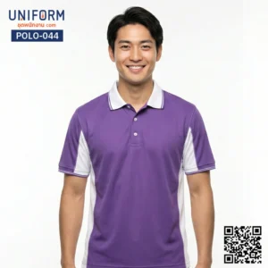 POLO-044 เสื้อโปโล แขนสั้น ทูโทน สีม่วงสลับขาว