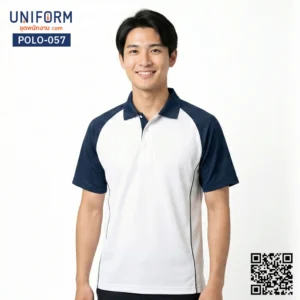 POLO-057 เสื้อโปโล แขนสั้น ทูโทน สีขาวกรมท่า สวมใส่ทำงานคล่องตัว