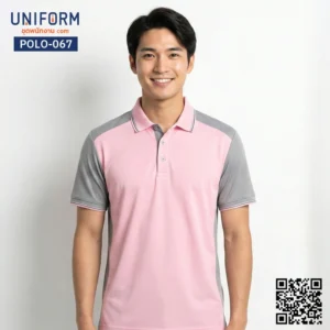 POLO-067 เสื้อโปโลแขนสั้น ทูโทน สีชมพูแถบเทา คอปกแต่งขอบ