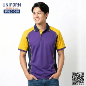 POLO-068 เสื้อโปโลทูโทนสีม่วงเหลืองแขนสั้นสำหรับพนักงาน