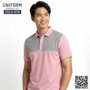 POLO-078 เสื้อโปโลทูโทนสีชมพูเทาแขนสั้นสำหรับพนักงานออฟฟิศ