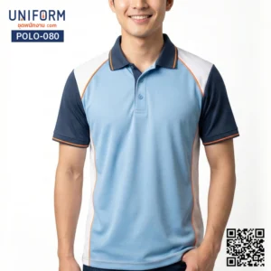 POLO-080 เสื้อโปโล แขนสั้น ทูโทน สีฟ้ากรมท่าตัดส้ม