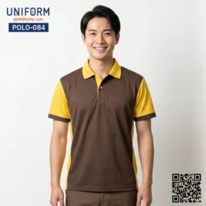 POLO-084 เสื้อโปโล สีน้ำตาลตัดเหลือง แขนสั้น คอปกทูโทน