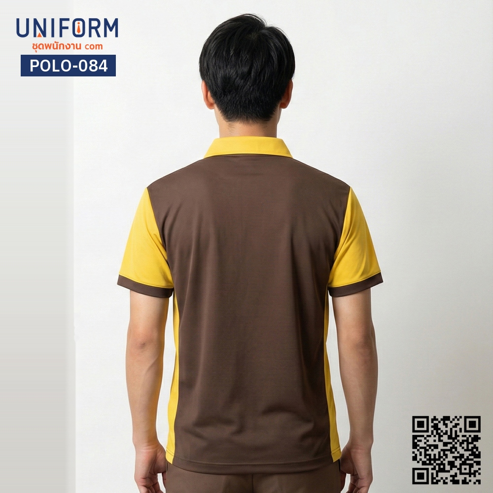 POLO-084 เสื้อโปโล สีน้ำตาลตัดเหลือง แขนสั้น คอปกทูโทน
