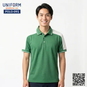 POLO-091 เสื้อโปโลแขนสั้น ทูโทน สีเขียวตัดเทา ดีไซน์พรีเมียม