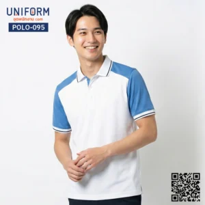 POLO-095 เสื้อโปโล แขนสั้น ทูโทน สีขาวฟ้า สำหรับชุดพนักงานบริษัท