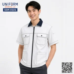 SSM-0101 เสื้อช็อปช่างแขนสั้น สีขาวปกกรมท่าเดินตะเข็บคู่