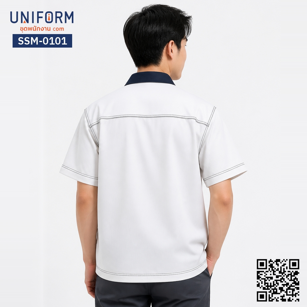 SSM-0101 เสื้อช็อปช่างแขนสั้น สีขาวปกกรมท่าเดินตะเข็บคู่