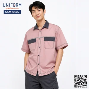 SSM-0102 เสื้อช็อปช่างแขนสั้น สีชมพูแต่งปกและกระเป๋าเทา