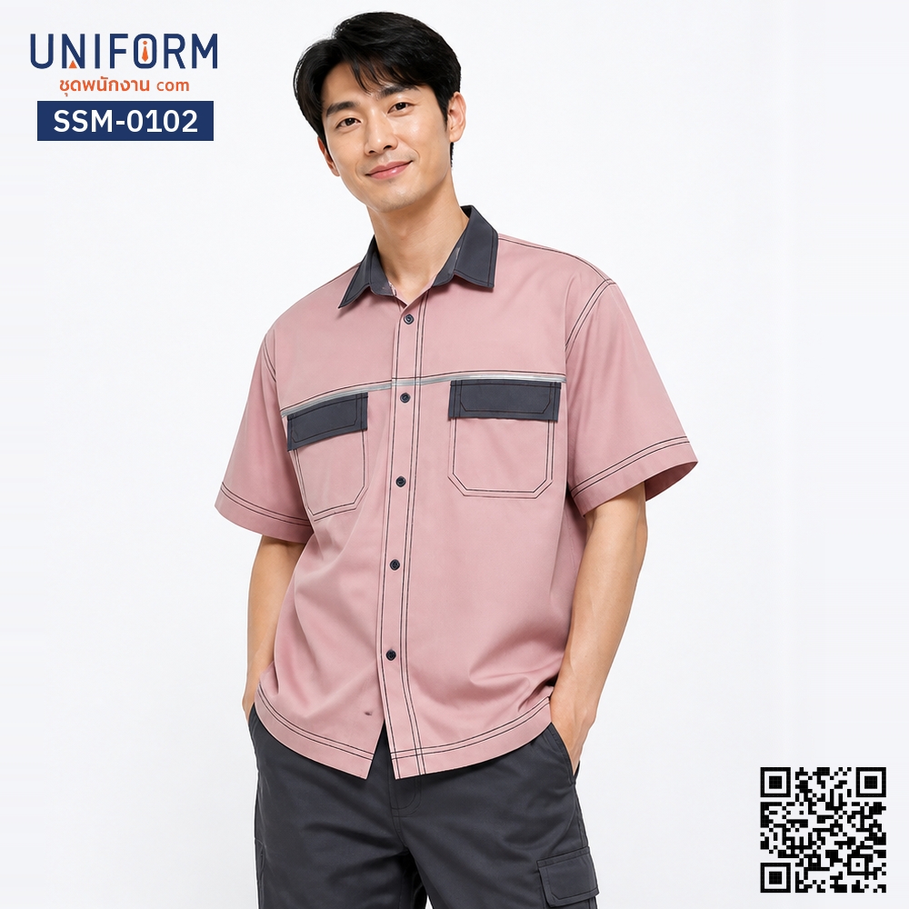 SSM-0102 เสื้อช็อปช่างแขนสั้น สีชมพูแต่งปกและกระเป๋าเทา