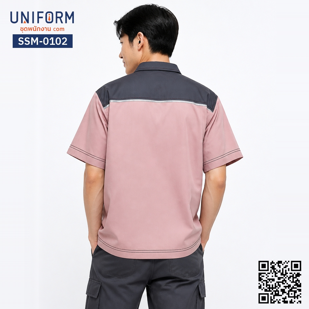 SSM-0102 เสื้อช็อปช่างแขนสั้น สีชมพูแต่งปกและกระเป๋าเทา