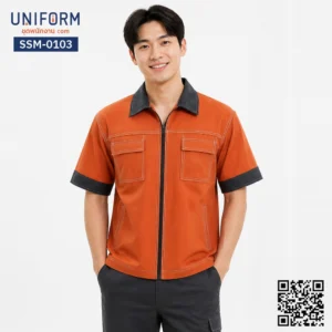 SSM-0103 เสื้อช็อปช่างแขนสั้น สีส้มแต่งเทา ทูโทนพรีเมียม