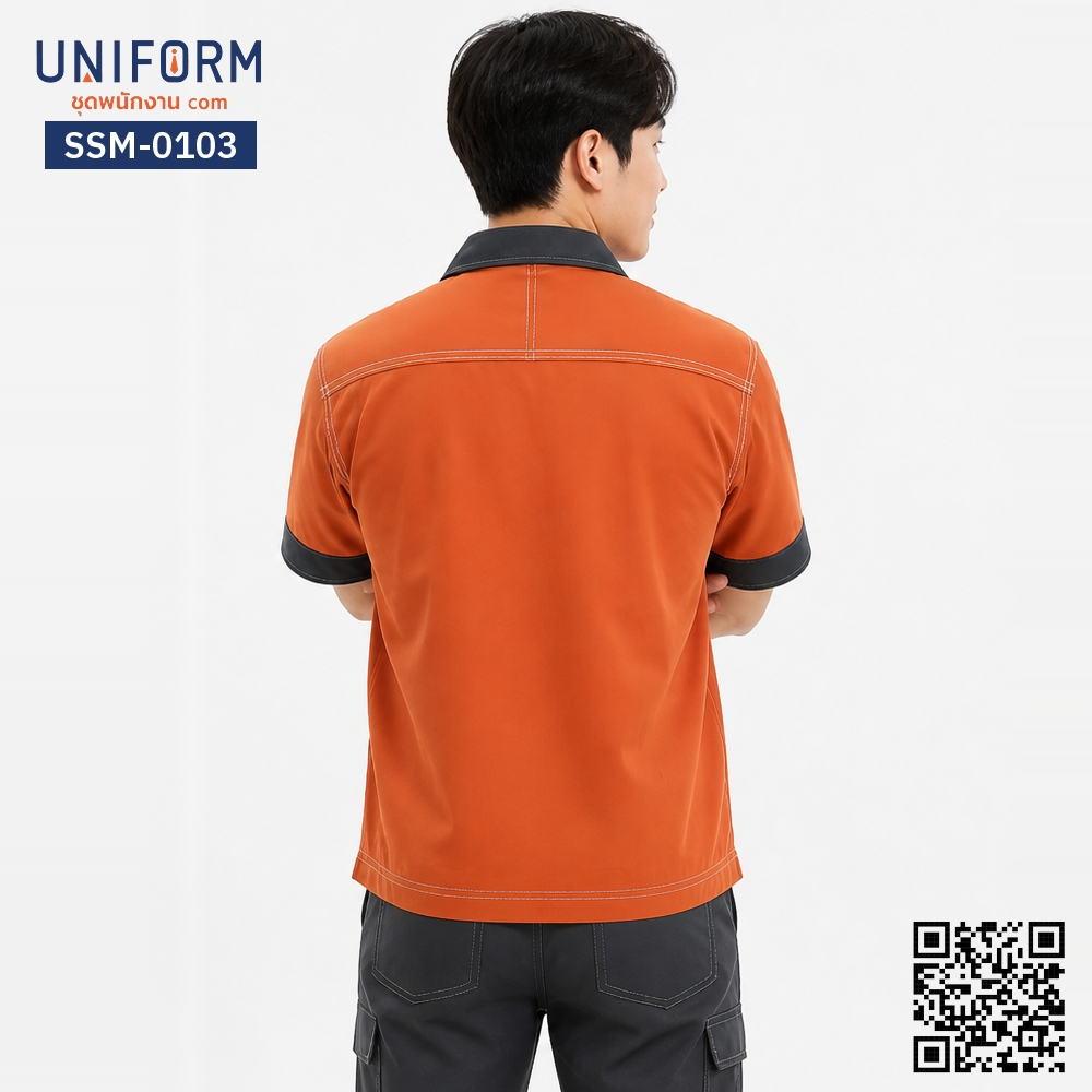 SSM-0103 เสื้อช็อปช่างแขนสั้น สีส้มแต่งเทา ทูโทนพรีเมียม