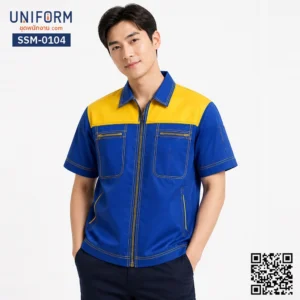 SSM-0104 เสื้อช็อปช่างแขนสั้น ทูโทน สีน้ำเงินเหลือง