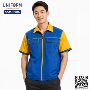 SSM-0106 เสื้อช็อปช่างแขนสั้น สีน้ำเงินเหลือง ทูโทน ซิปหน้า