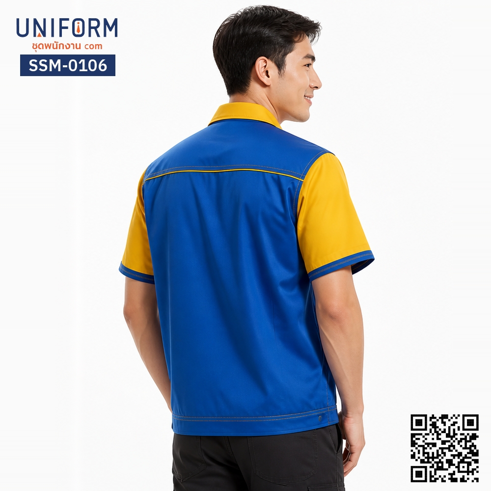 SSM-0106 เสื้อช็อปช่างแขนสั้น สีน้ำเงินเหลือง ทูโทน ซิปหน้า