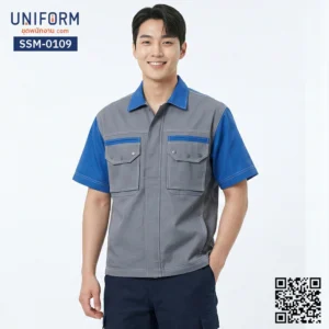 SSM-0109 เสื้อช็อปช่างแขนสั้น สีเทาตัดน้ำเงิน ดีไซน์ทูโทน