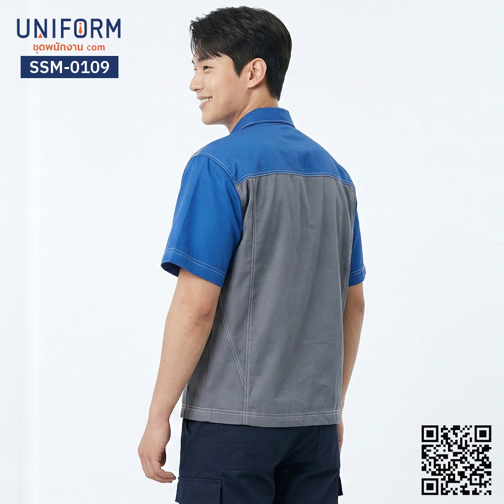 SSM-0109 เสื้อช็อปช่างแขนสั้น สีเทาตัดน้ำเงิน ดีไซน์ทูโทน