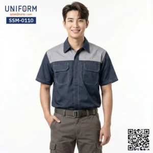 SSM-0110 เสื้อช็อปช่างแขนสั้น ทูโทน กรมท่า เทา เสื้อช็อปแขนสั้นพร้อมปัก