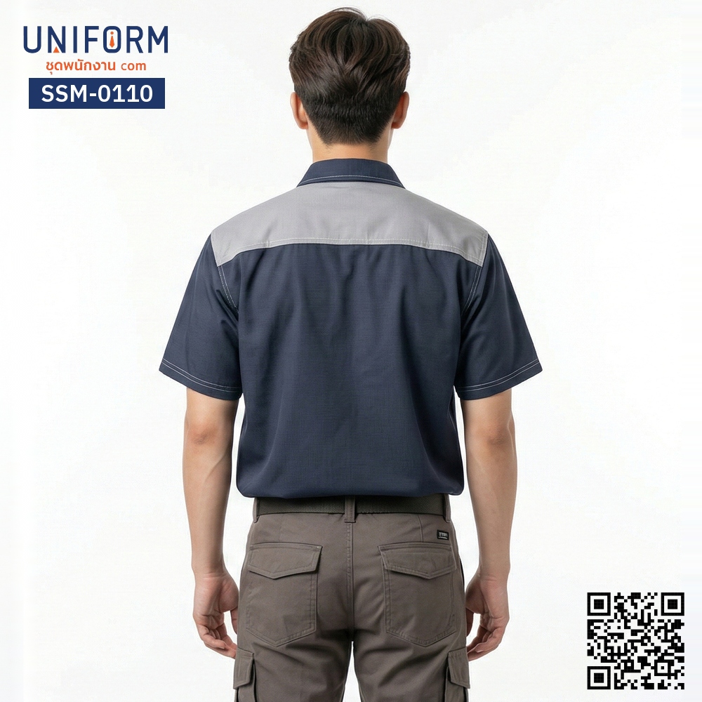 SSM-0110 Short-Sleeve Technician Workshirt, Two-Tone Navy and Grey, Custom Embroidered